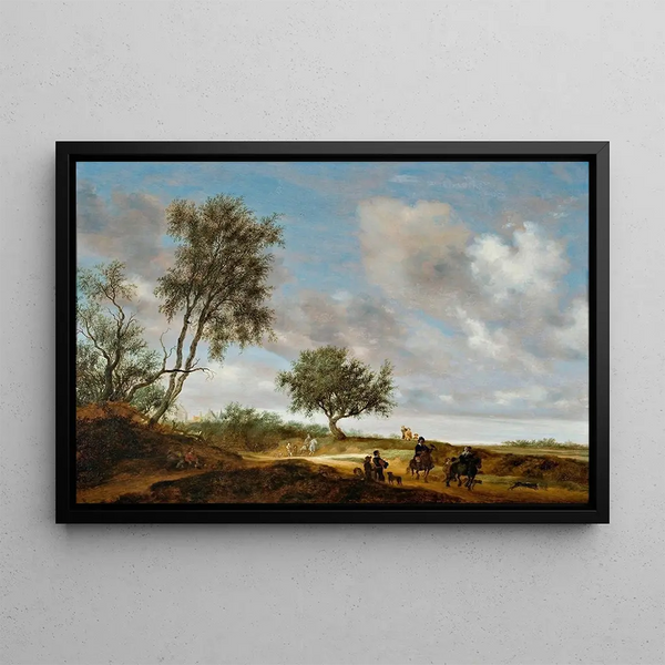 Landscape with Hunters - Salomon van Ruysdael — framed artwork on a wall