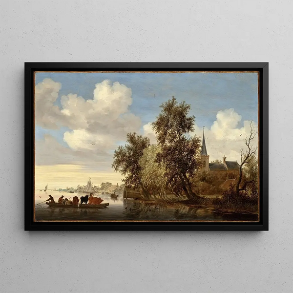 Landscape with a Ferry - Salomon van Ruysdael — framed artwork on a wall