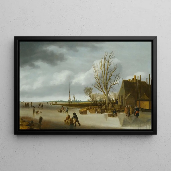 Winter landscape painting with a boy ice skating pushing a sled - Salomon van Ruysdael — framed artwork on a wall