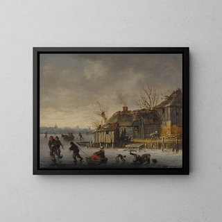 Winter landscape painting with skaters - Salomon van Ruysdael — framed artwork on a wall