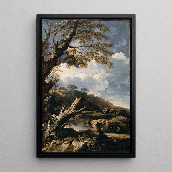 Moines pêchant - Salvator Rosa — framed artwork on a wall