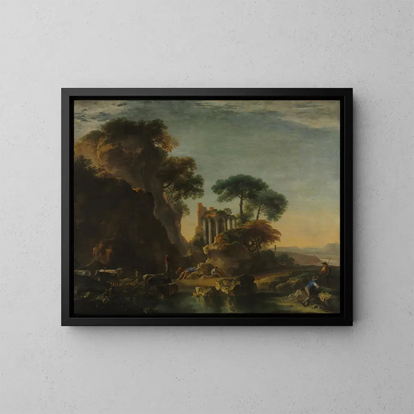 Ruins in a rocky landscape - Salvator Rosa — framed artwork on a wall