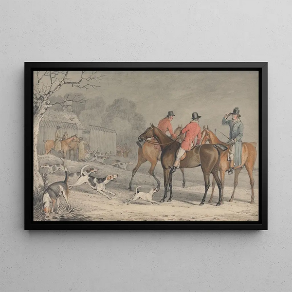 The Fox Hunt: the meeting with the dogs leaving the kennels - Samuel Alken — framed artwork on a wall