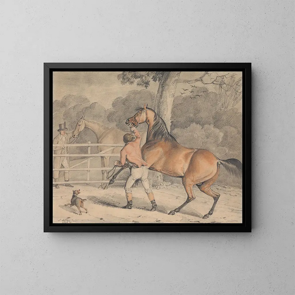 Trying the mare - Samuel Alken — framed artwork on a wall