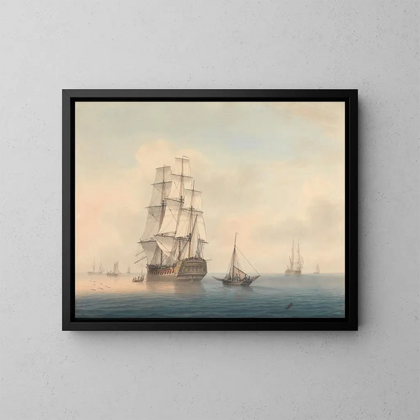 a warship preparing to leave the anchor - Samuel Atkins — framed artwork on a wall