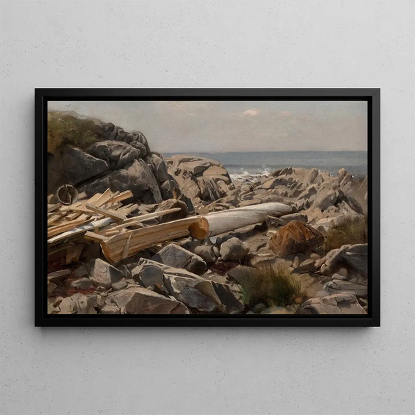 Rocky Shoreline Painting on the Pacific Coast - Samuel Colman — framed artwork on a wall