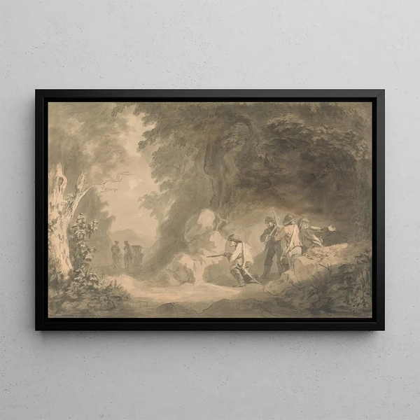 Scene continental, brigands en embuscade attendant une diligence - Samuel Davis — framed artwork on a wall
