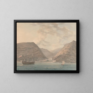 Man of War at Anchor in the Port, Mountains in the Background - Samuel Davis — framed artwork on a wall