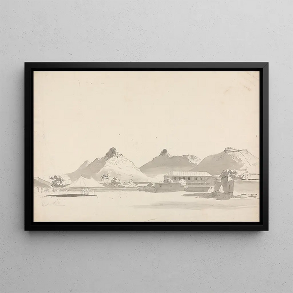 Military encampment painting with forts on the hills behind - Samuel Davis — framed artwork on a wall