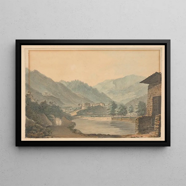 Mountain Landscape with Buildings and River - Samuel Davis — framed artwork on a wall