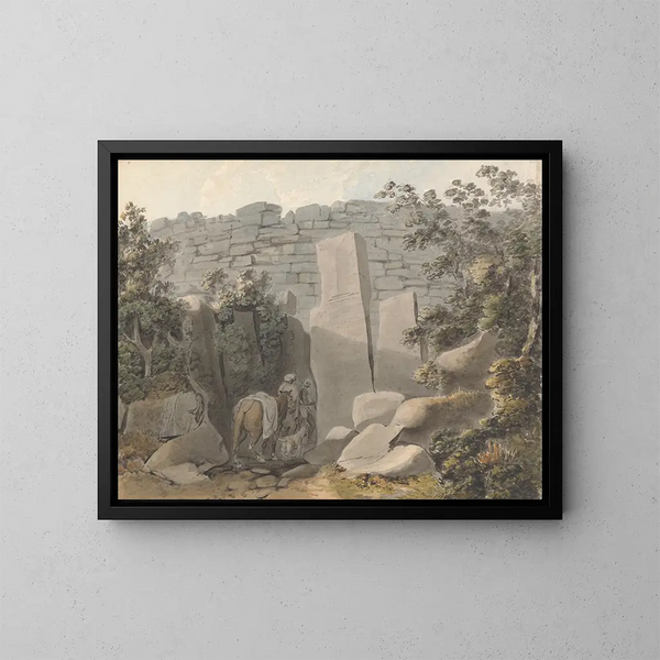 Autochthonous painting and rider near a ruin - Samuel Davis — framed artwork on a wall