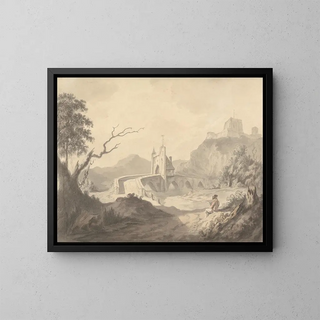 River scene with bridge and an artist sketching in the foreground - Samuel Davis — framed artwork on a wall