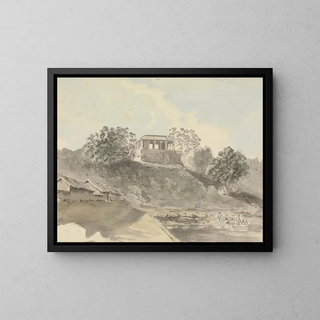 River scene painting with buildings - Samuel Davis — framed artwork on a wall