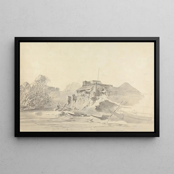 River scene painting with indigenous buildings - Samuel Davis — framed artwork on a wall