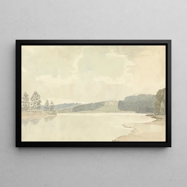 River scene with a country house in the distance - Samuel Davis — framed artwork on a wall