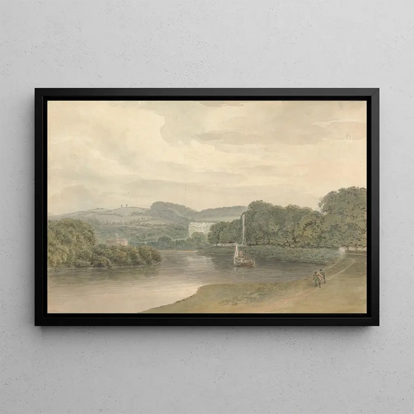 River scene with an unidentified country house - Samuel Davis — framed artwork on a wall