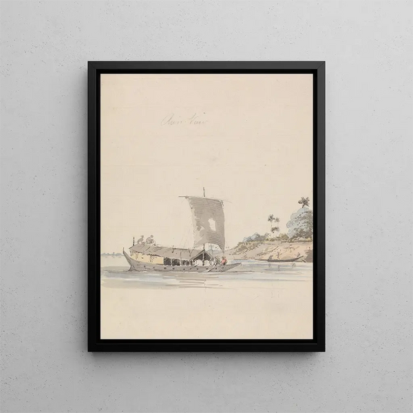 Vue sur la rivière avec une jonque près de Rajmahal - Samuel Davis — framed artwork on a wall