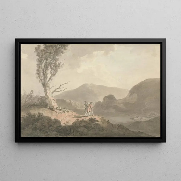 Two men with telescope looking across a river - Samuel Davis — framed artwork on a wall