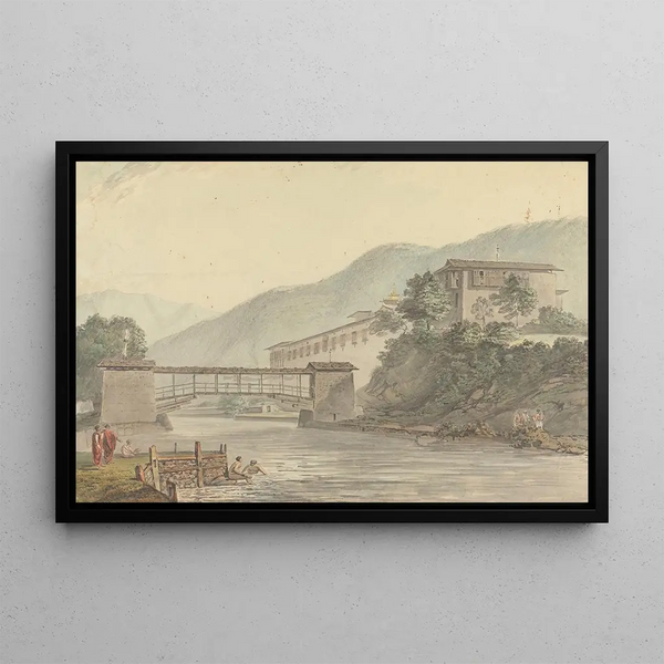 Vue de Tashichoedzong, Bhoutan, et du pont de bois - Samuel Davis — framed artwork on a wall