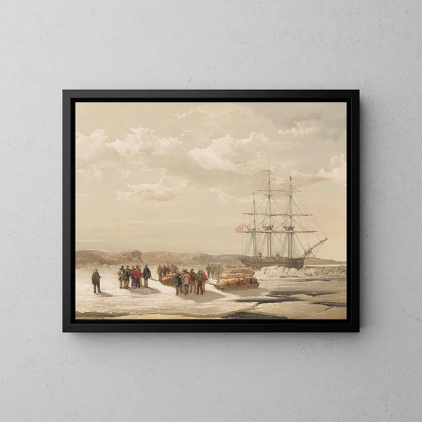 Departure painting of the Sledge Party from HMS Investigator in Mercy Bay under the command of Lieutenant Gurney Cresswell, April 15, 1853 - Samuel Gurney Cresswell — framed artwork on a wall