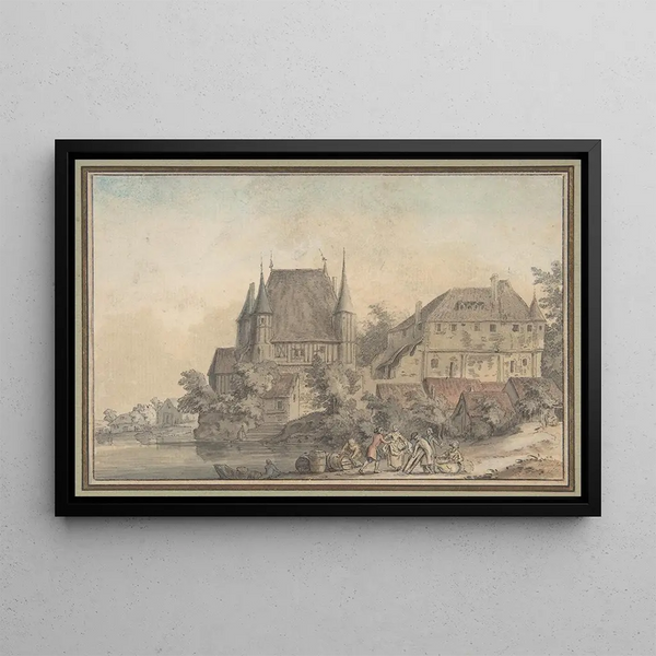 View of a village by a river - Samuel Hieronymus Grimm — framed artwork on a wall