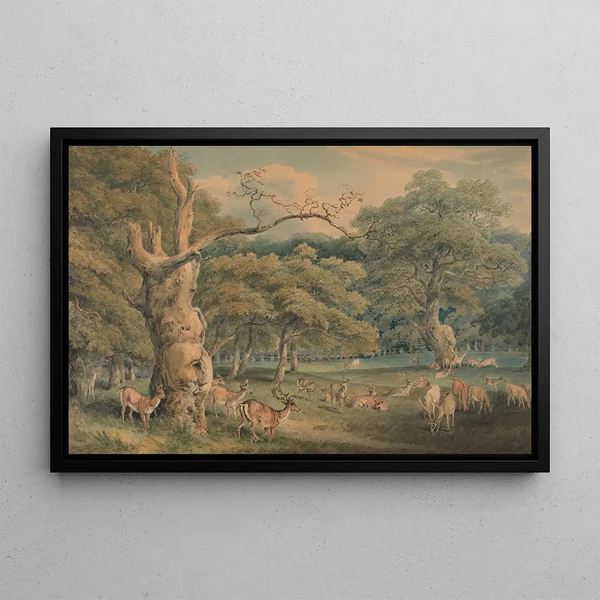 The oak of Hearne in Windsor Forest - Samuel Howitt — framed artwork on a wall