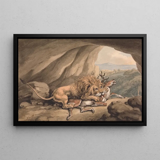 Lion attacking a deer - Samuel Howitt — framed artwork on a wall