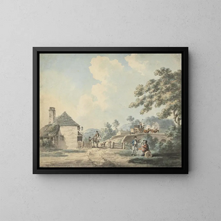 La maison de péage avec une diligence traversant le pont - Samuel Howitt — framed artwork on a wall