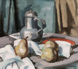 Pitcher in pewter and pears - Samuel John Peploe — artwork view