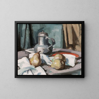 Pitcher in pewter and pears - Samuel John Peploe — framed artwork on a wall