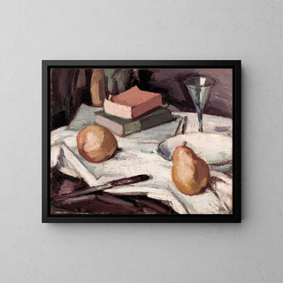 Still life with pears and a glass of wine - Samuel John Peploe — framed artwork on a wall