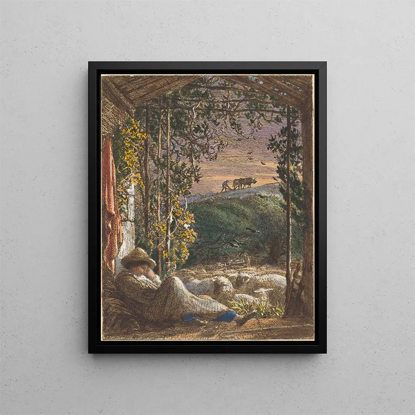 The sleeping shepherd in the early morning - Samuel Palmer — framed artwork on a wall
