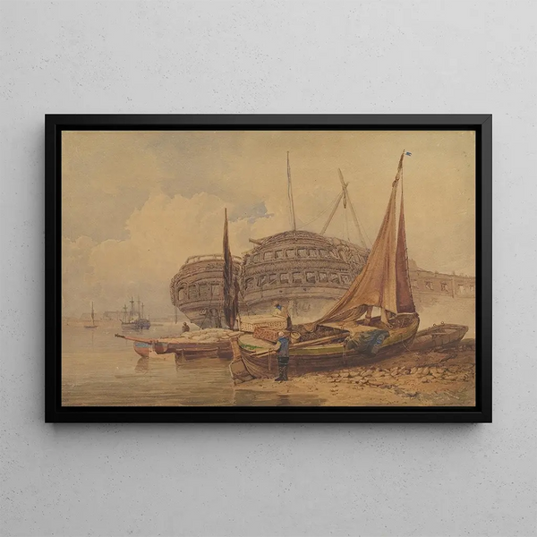 Coastal scene painting with stranded boats in the foreground - Samuel Prout — framed artwork on a wall