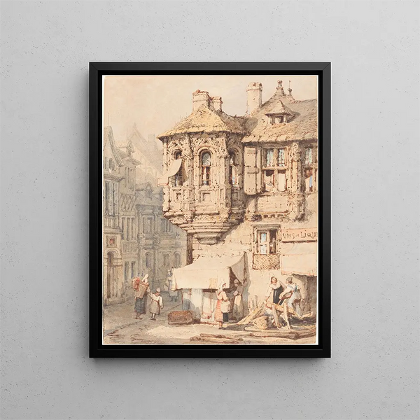 French street scene painting with a medieval turret - Samuel Prout — framed artwork on a wall
