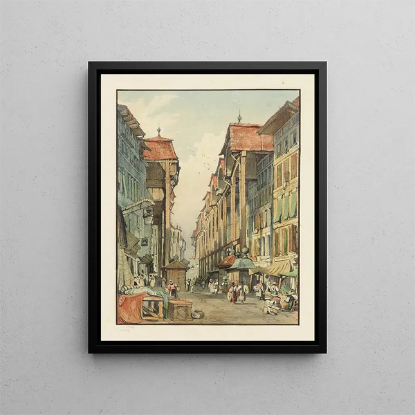 Street scene painting in Geneva - Samuel Prout — framed artwork on a wall