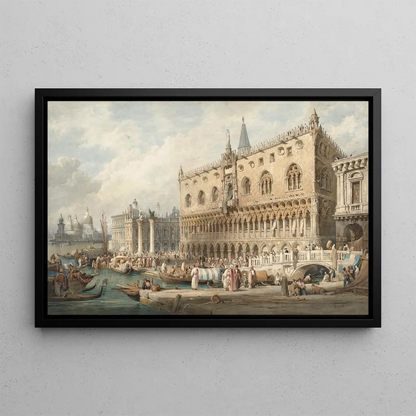 The Doge's Palace and the Grand Canal of Venice to the west - Samuel Prout — framed artwork on a wall