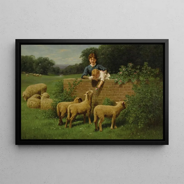 Child feeding the sheep - Samuel S. Carr — framed artwork on a wall