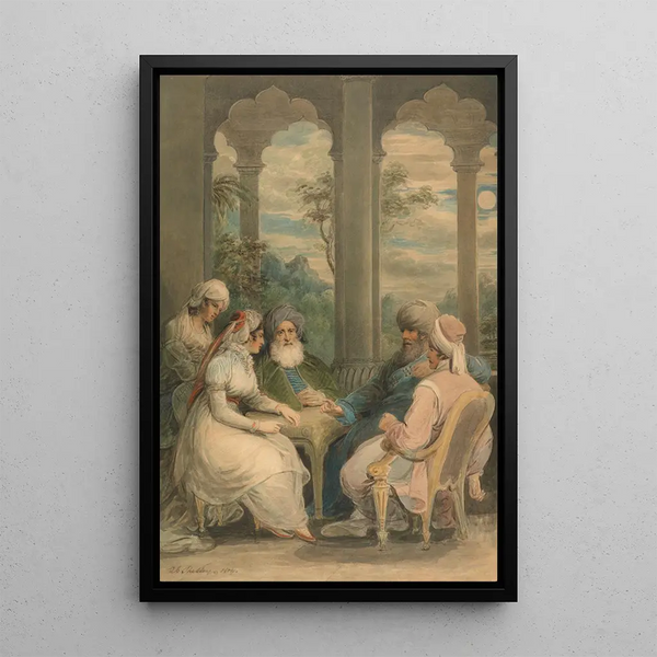 The Prince Rasselas and his sister conversing in their summer palace on the banks of the Nile - Samuel Shelley — framed artwork on a wall