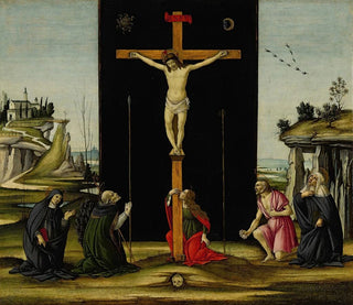 Christ on the Cross adored by Saints Augustine, Jerome, Mary Magdalene, Bridget of Sweden, and Monica - Sandro Botticelli — artwork view