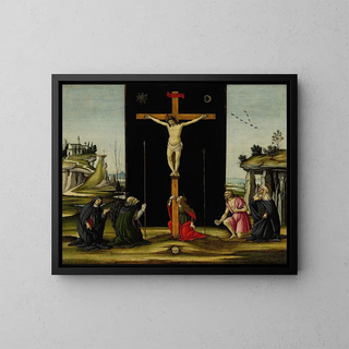Christ on the Cross adored by Saints Augustine, Jerome, Mary Magdalene, Bridget of Sweden, and Monica - Sandro Botticelli — framed artwork on a wall