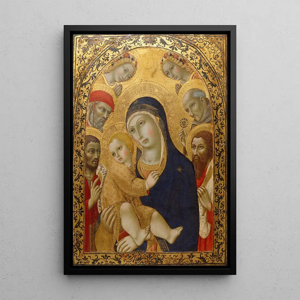 The Virgin and Child with Saints Jerome, John the Baptist, Bernardin, and Bartholomew - Sano di Pietro — framed artwork on a wall