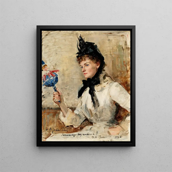 a lady holding a rattle - Sarah Henrietta Purser — framed artwork on a wall