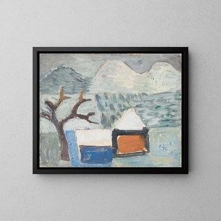 Winter landscape painting with houses - Sasza Blonder — framed artwork on a wall