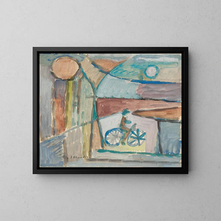Cycling Painting in front of a landscape - Sasza Blonder — framed artwork on a wall