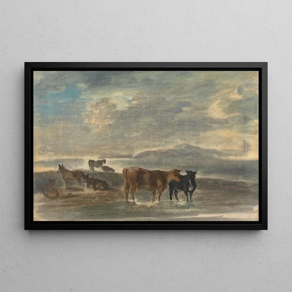 Horses and cows in a hilly landscape - Sawrey Gilpin — framed artwork on a wall
