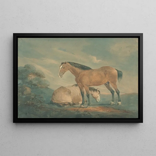 Two Chestnut Horses in a Landscape - Sawrey Gilpin — framed artwork on a wall