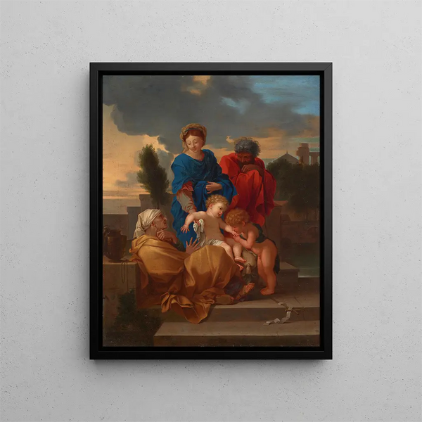The Holy Family with Saint Elizabeth and the Infant Saint John the Baptist (Conflict of Cases) - Sébastien Bourdon — framed artwork on a wall