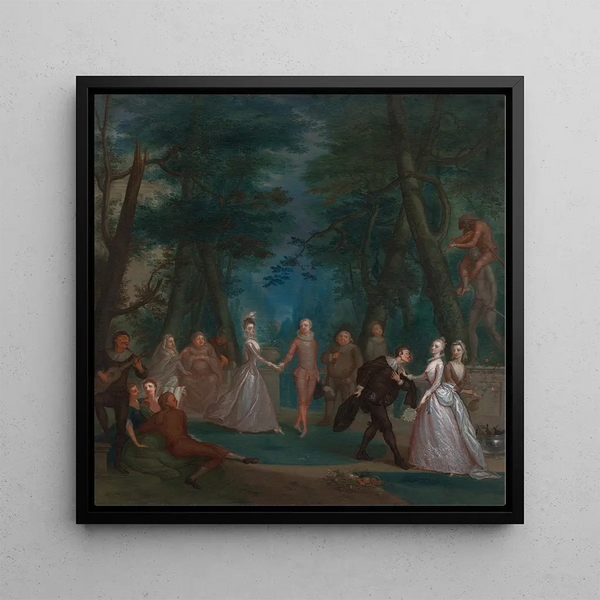 Scene in a park with figures from the Commedia dell'Arte - Marcellus Laroon the Younger — framed artwork on a wall