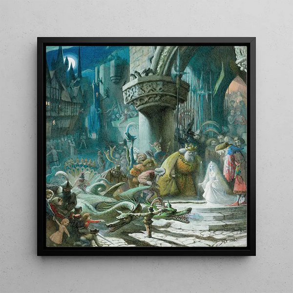 Scene from Sleeping Beauty, the good fairy leaving the princess's christening and heading towards her car pulled by dragons - Richard Doyle — framed artwork on a wall