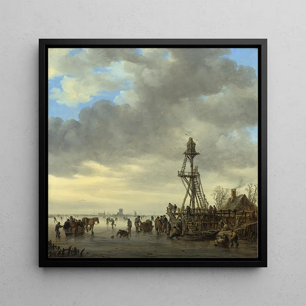 Ice scene near a wooden observation tower - Jan van Goyen — framed artwork on a wall